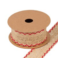 Jute ribbon natural, red embroidered edges, 5 m, 25 mm