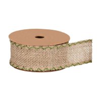 Jute ribbon natural, green embroidered edges, 5 m, 40 mm