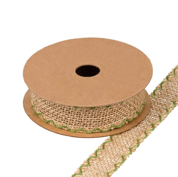 Jute ribbon natural, green embroidered edges, 5 m, 25 mm