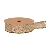 Jute ribbon natural, green embroidered edges, 5 m, 25 mm