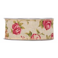 Cotton ribbon with roses 40 mm, coloured decoration ribbon