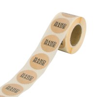 Sticker "Handmade", 35 mm rund, braun, Papier-Aufkleber - 500 Stück im Spender