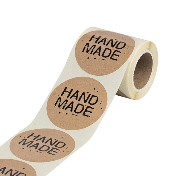 Sticker "Handmade", 65 mm round, kraft paper look, brown, paper stickers - 200 pieces