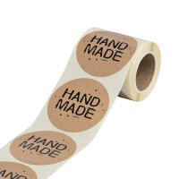 Sticker "Handmade", 65 mm round, kraft paper look, brown, paper stickers - 200 pieces