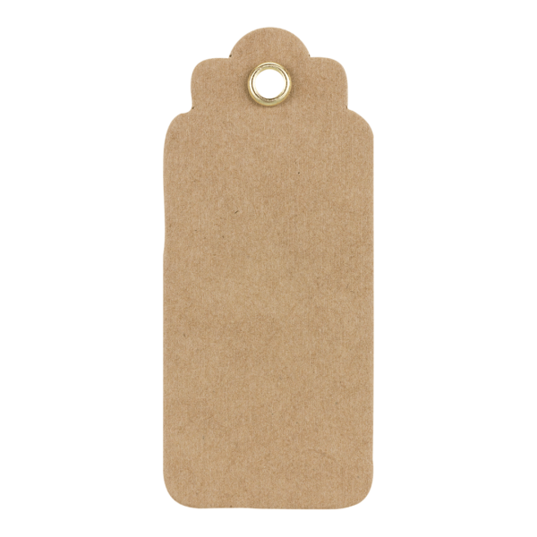 Hang tag 30, label, 70 x 30 mm, brown, kraft cardboard, eyelet