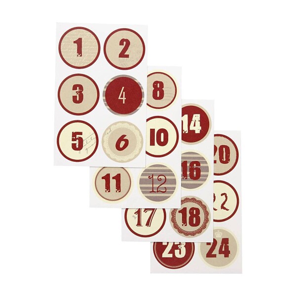 Sticker Zahlen 1 bis 24 Rot für Adventskalender