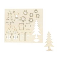 Holzfiguren Haus, Baum, Hirsch, Schneekristalle, zum Zusammenstecken und Bemalen