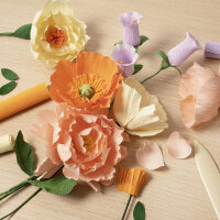Blumen aus Krepp-Papier, Lernset mit verschiedenen Farben, inkl. Falzbein, Draht, Kleber