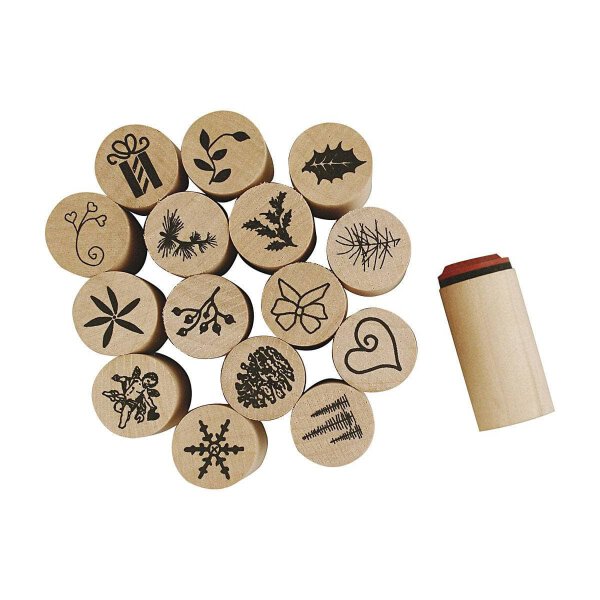 Wooden stamps, round decorative stamps with Christmas motifs - Set of 15 stamps