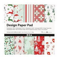 Designpapier mit Weihnachtsmotiven, Grün, Rot, Weiß, 15,2 x 15,2 cm, Block/50 Blatt