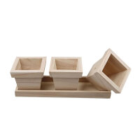 Wooden flower pot set for creative design. Square pot with tray, set of 4