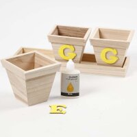 Blumentopf-Set aus Holz für kreative Gestaltung. Quadratischer Topf mit Tablett, 4er Set