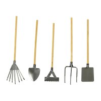 Miniatur-Gartengeräte, Mini Gartenwerkzeuge Set, Deko, Holz und Metall, 5 Stück