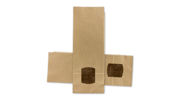 Block bottom bag 105 x 290 mm, window, brown kraft paper, ribbed