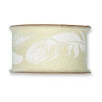 Ribbon with feathers pale green and white, 4 cm, cotton, fringed edge