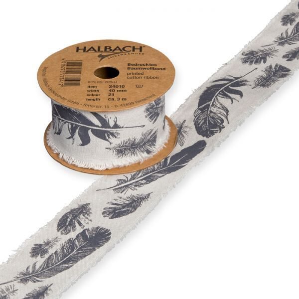 Ribbon with feathers light grey and dark grey, 4 cm, cotton, fringed edge