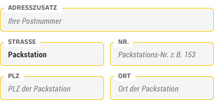 Screenshot eines ausgefüllten Adressformulars für den Versand an DHL-Packstationen